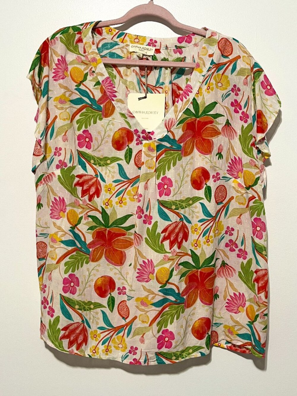 Cynthia Rowley Womens Gauzy Blouse 1X Fruit Floral Resort Boho Summer Colorful